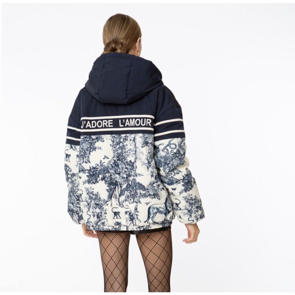 NWT Ell And Emm Toile L’amour Paris Blue White Print Puffer Jacket XS